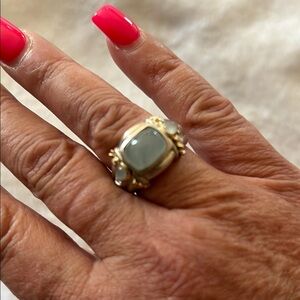 Sterling Silver & Gold Ring | Blue Chalcedony Cabochon | Size 7